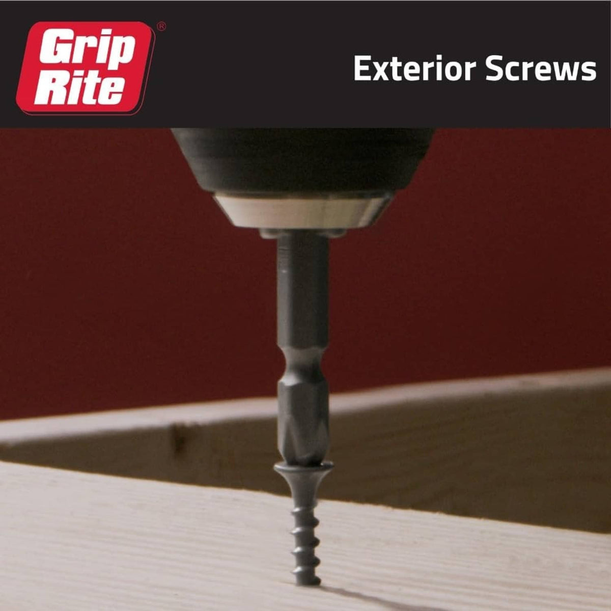 Gray exterior screw seated in wood surface, #2 Phillips drive visible.
