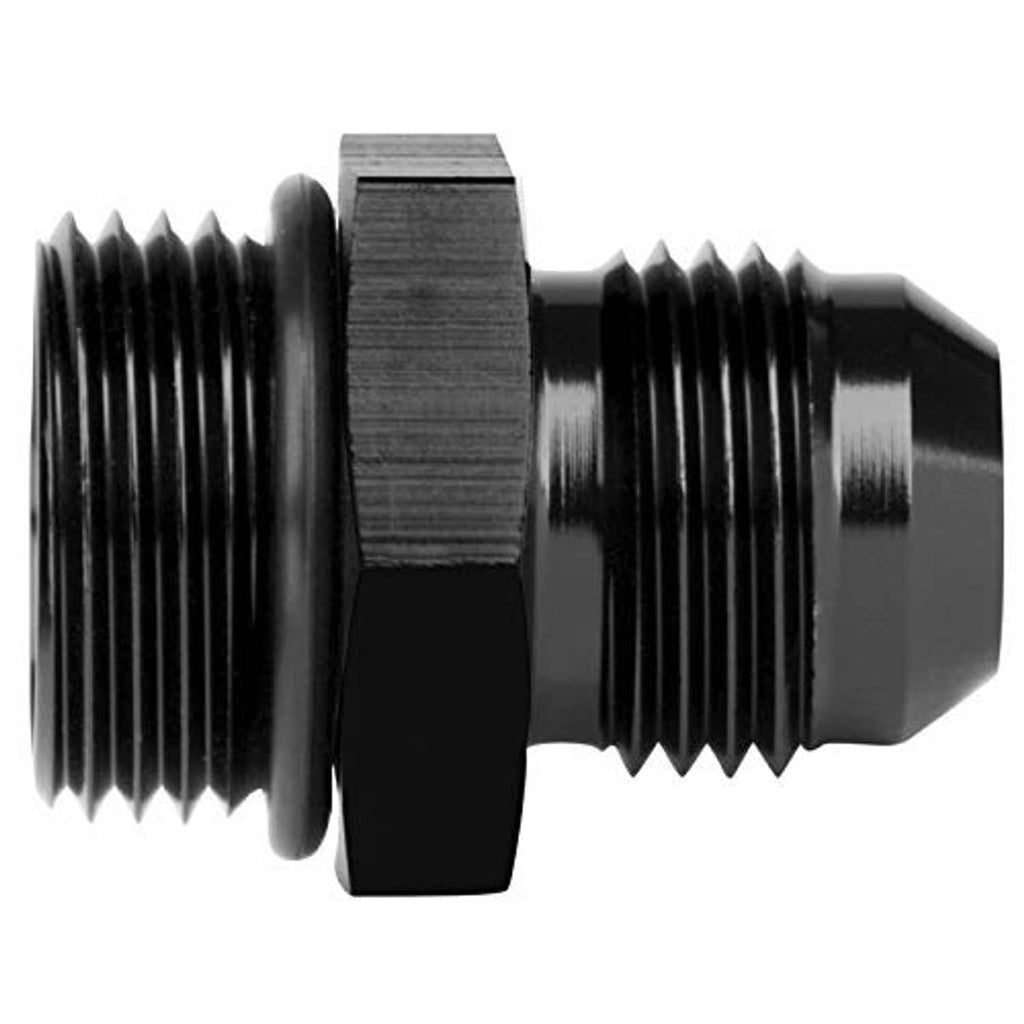 Black AN male flare adapter with knurled hex and threaded ends