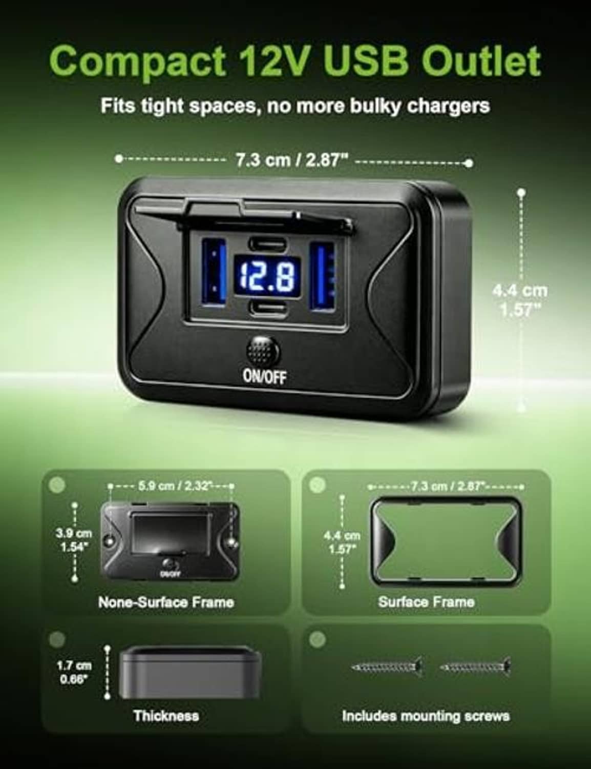 Compact black 12V USB outlet with four ports and blue 12.8V display