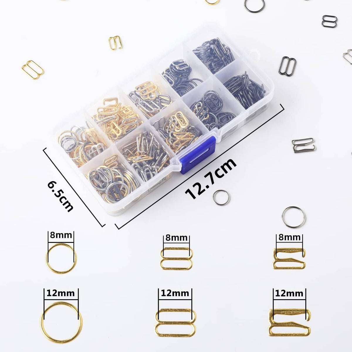 Assorted metal bra strap hooks with size labels for 8mm and 12mm, gold and silver tones