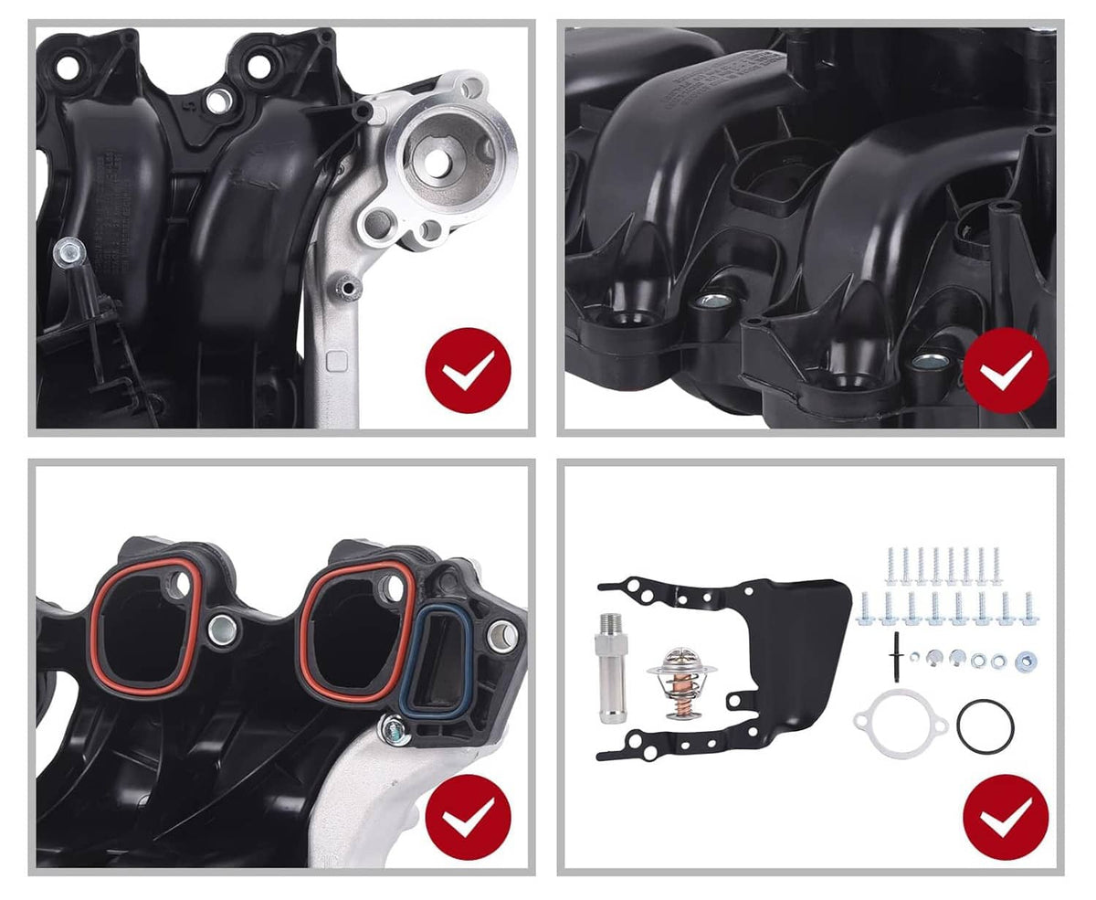 Black engine intake manifold set with gaskets and bolts in kit view