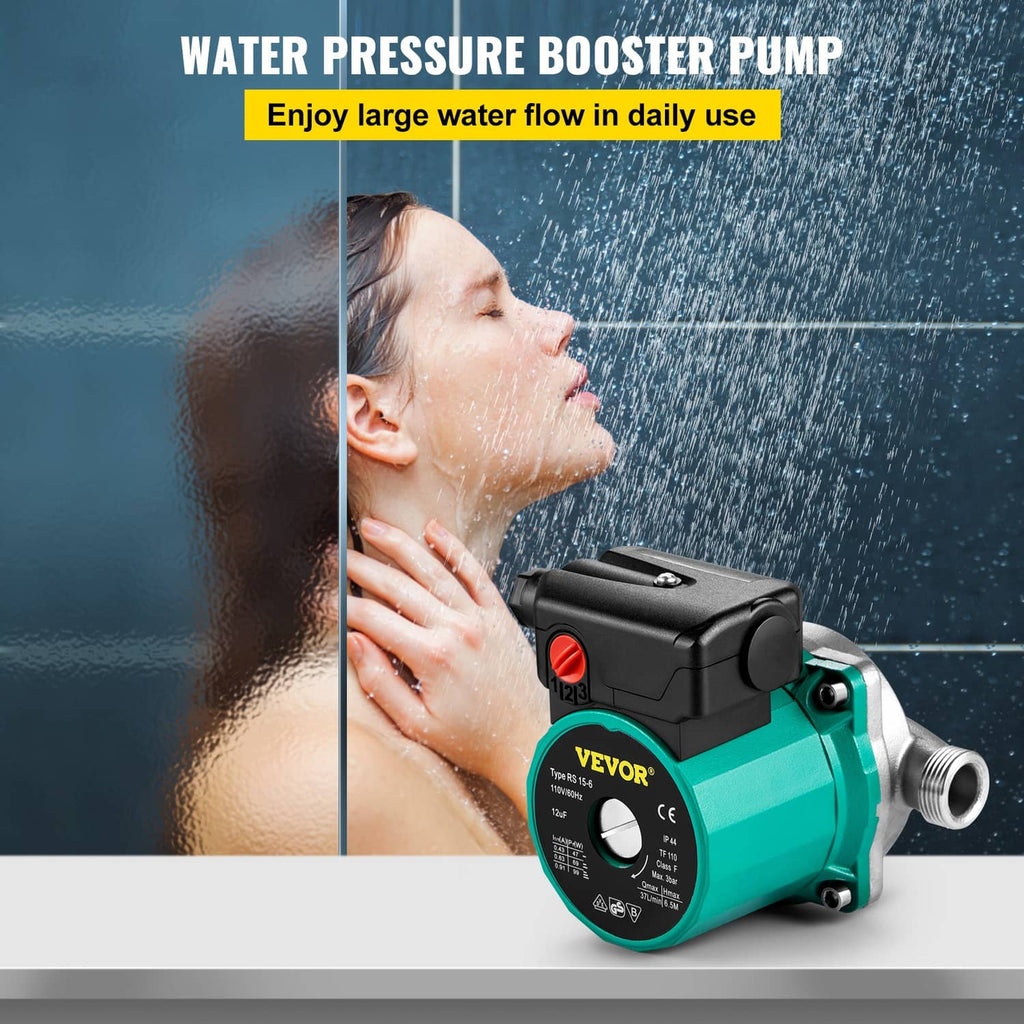 Hot water circulation pump with black control box, teal housing, and side inlet/outlet