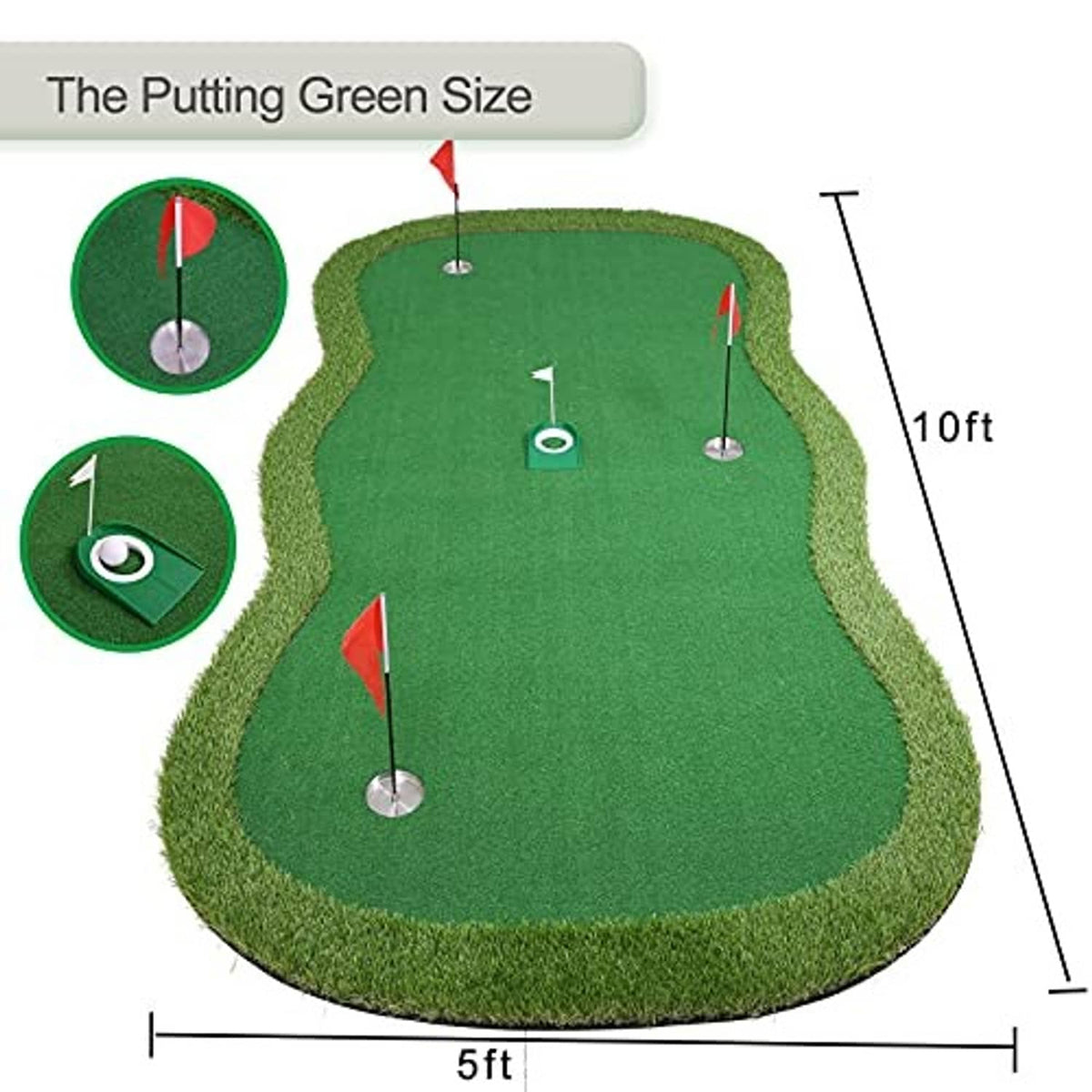 Green putting green mat with four pin flags, cup insert, and size overview