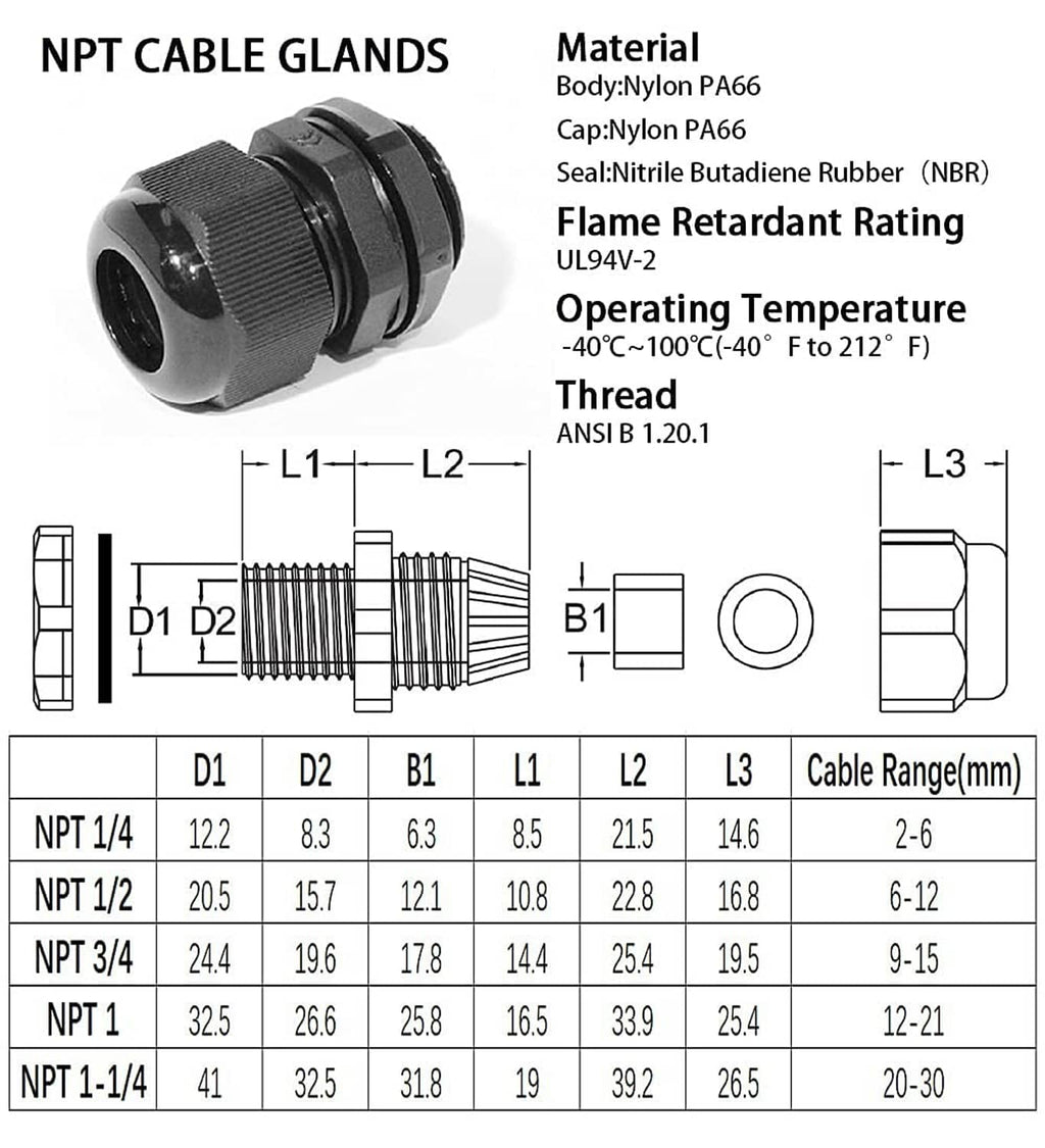 NPT nylon cable gland with material and dimensions shown; seal made of NBR