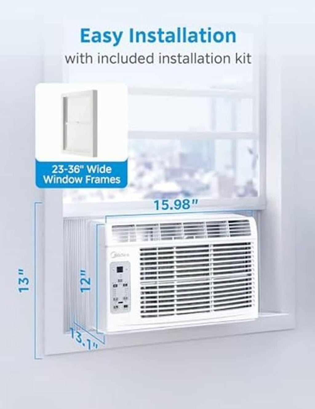 White window air conditioner with included installation kit for window frame mounting.