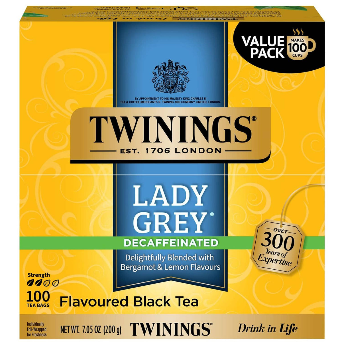 Twinings Lady Grey decaffeinated black tea bag box, 100-count pack