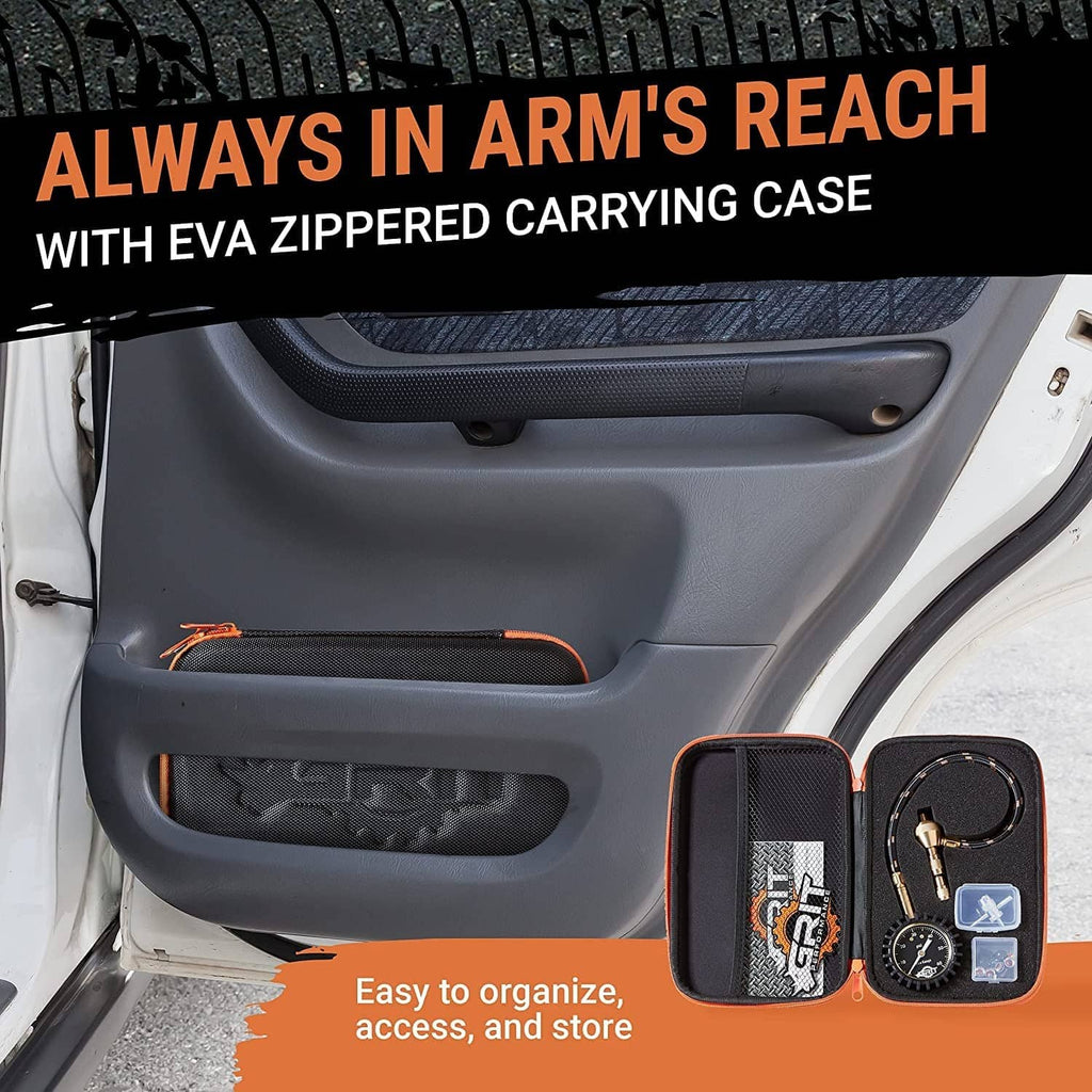 Zippered carrying case with tire gauge and deflator hose attachments