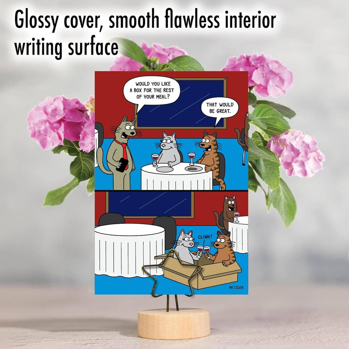 Anniversary note card in display view with glossy cover, cartoon animals dining scene
