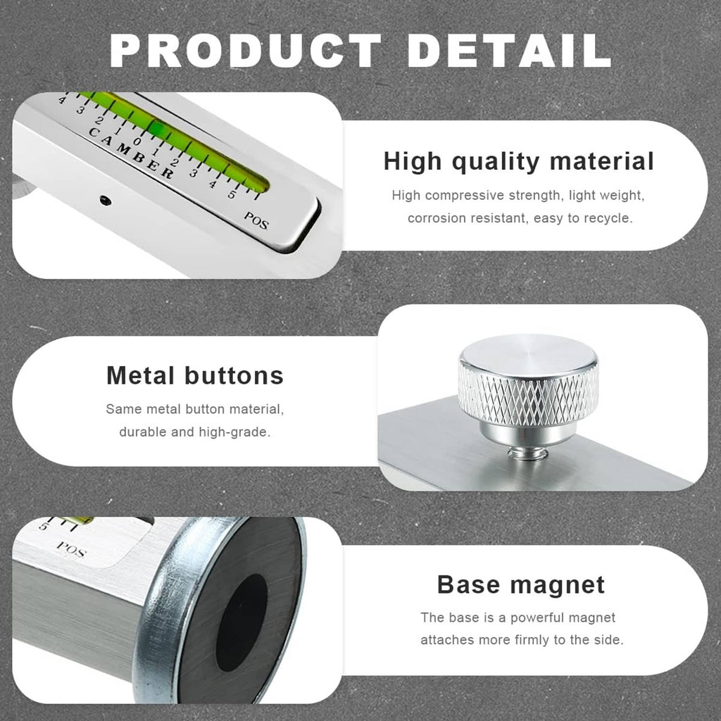 Adjustable gauge tool detail with engraved scale, green level vial, and base magnet