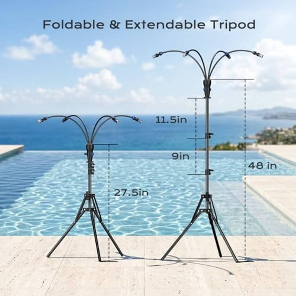 Foldable extendable tripod legs supporting adjustable double-nozzle misting stand