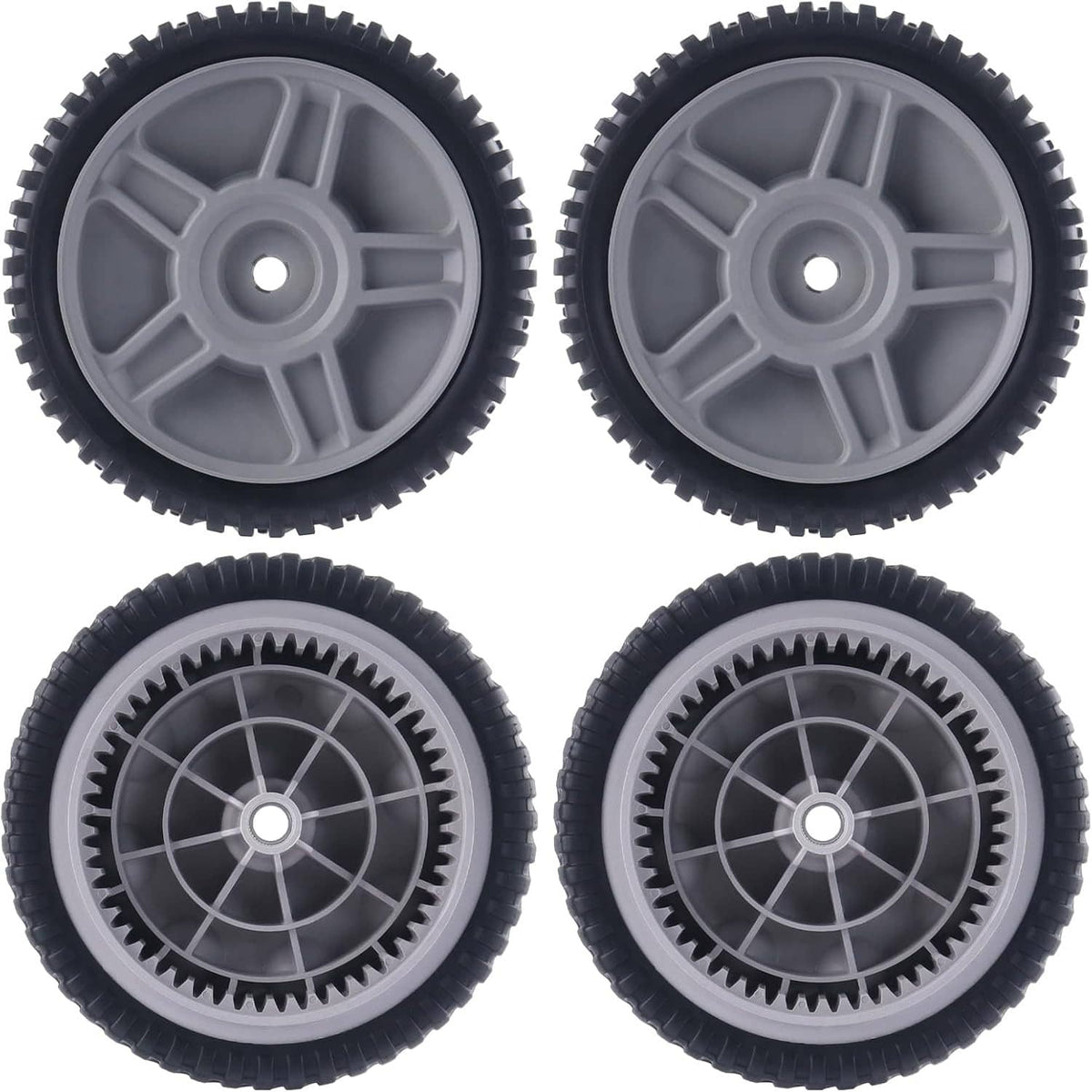 Set of four 8-inch push mower wheels, gray hub and spokes with black treaded tires