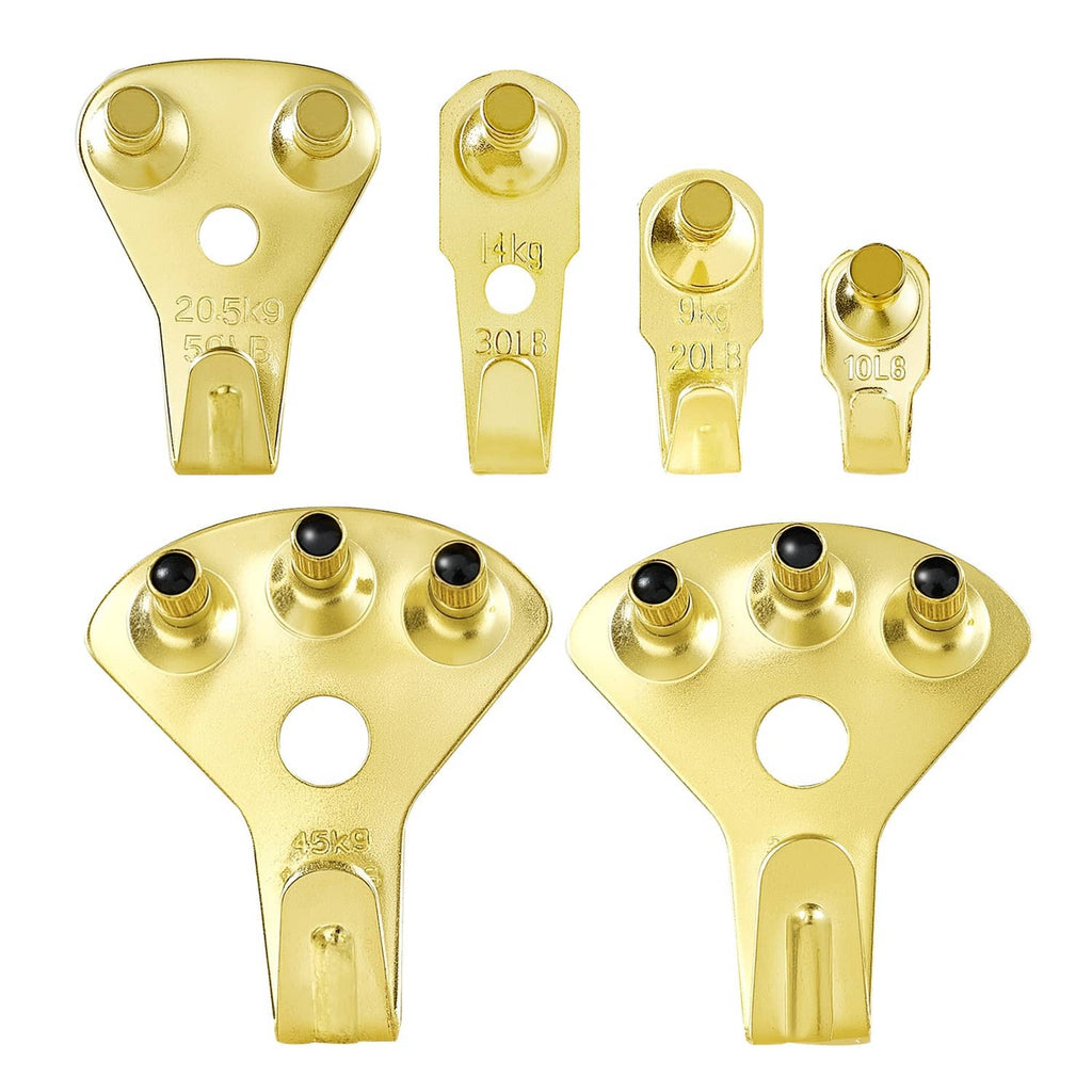 Gold metal picture hanging hooks with different sizes and load labels, plus small nails