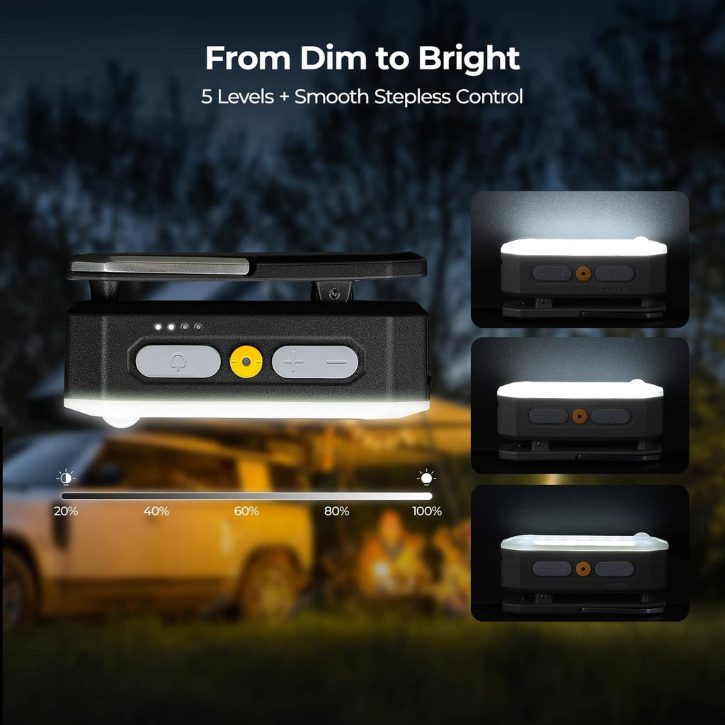 Black rechargeable area light with smooth brightness control and dim levels