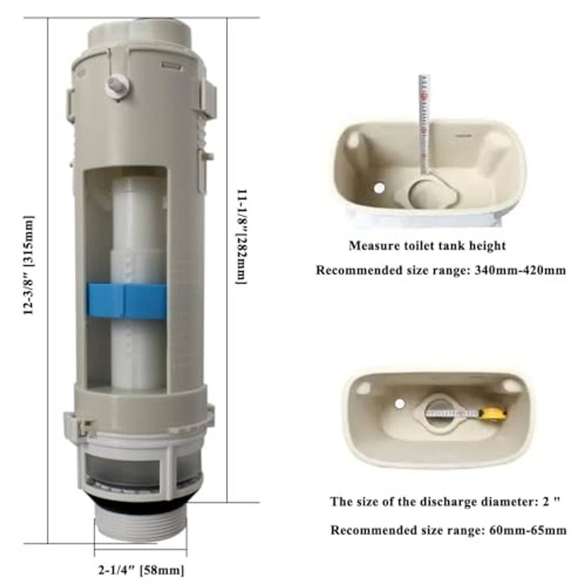 Toilet flush valve replacement part with dimensions view and sealed insert