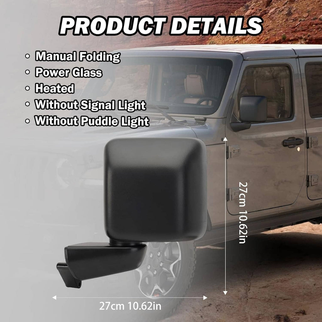 Black left driver side power heated mirror with manual folding, side view