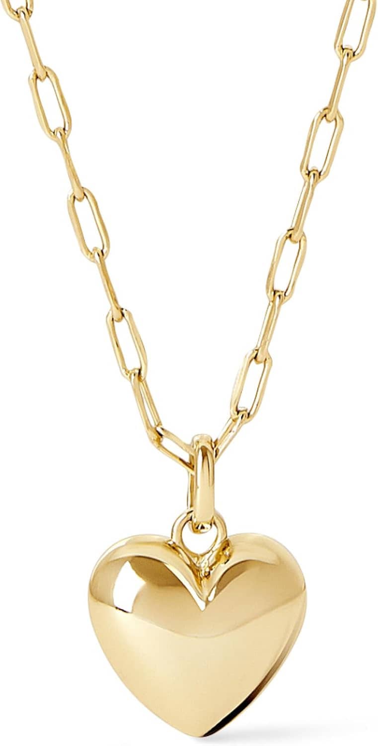 Gold-tone paperclip chain necklace with rounded heart pendant on bail