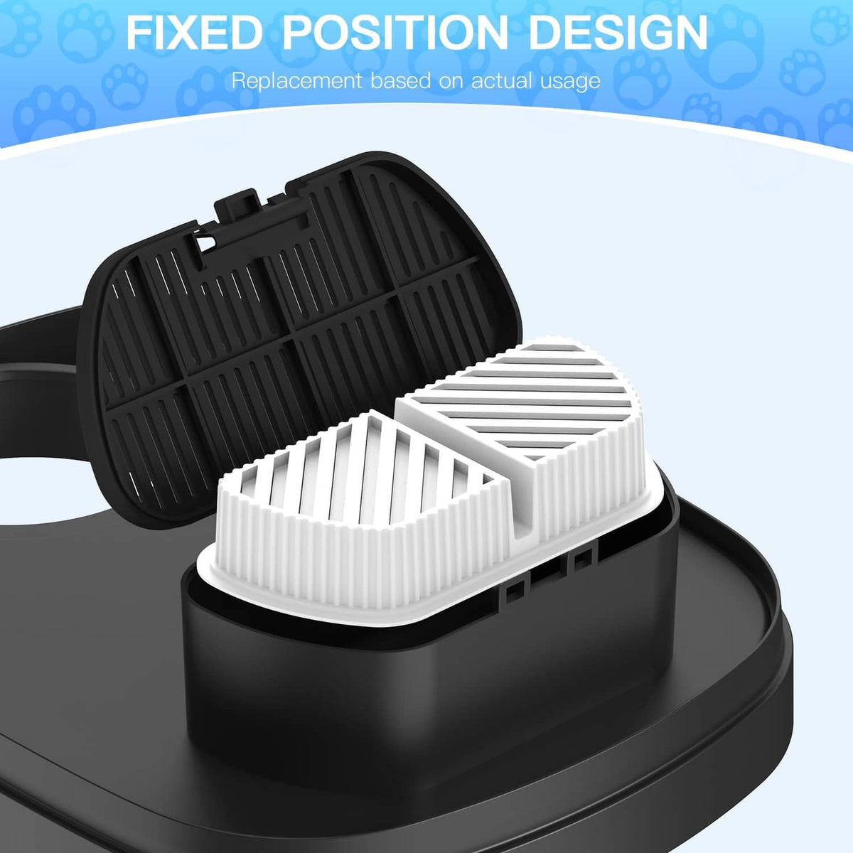 Replacement filter insert in fixed position, white ribbed cartridges on black base