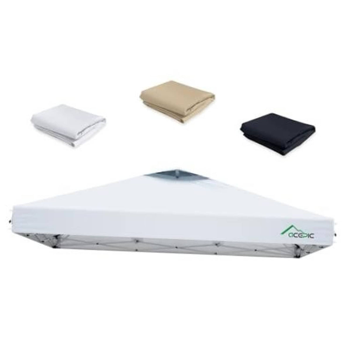 White 10x10 canopy replacement top with air vent, flat folded fabric swatches