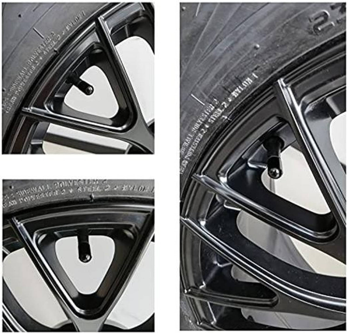 Black tire valve stem cap on wheel valve, close-up view