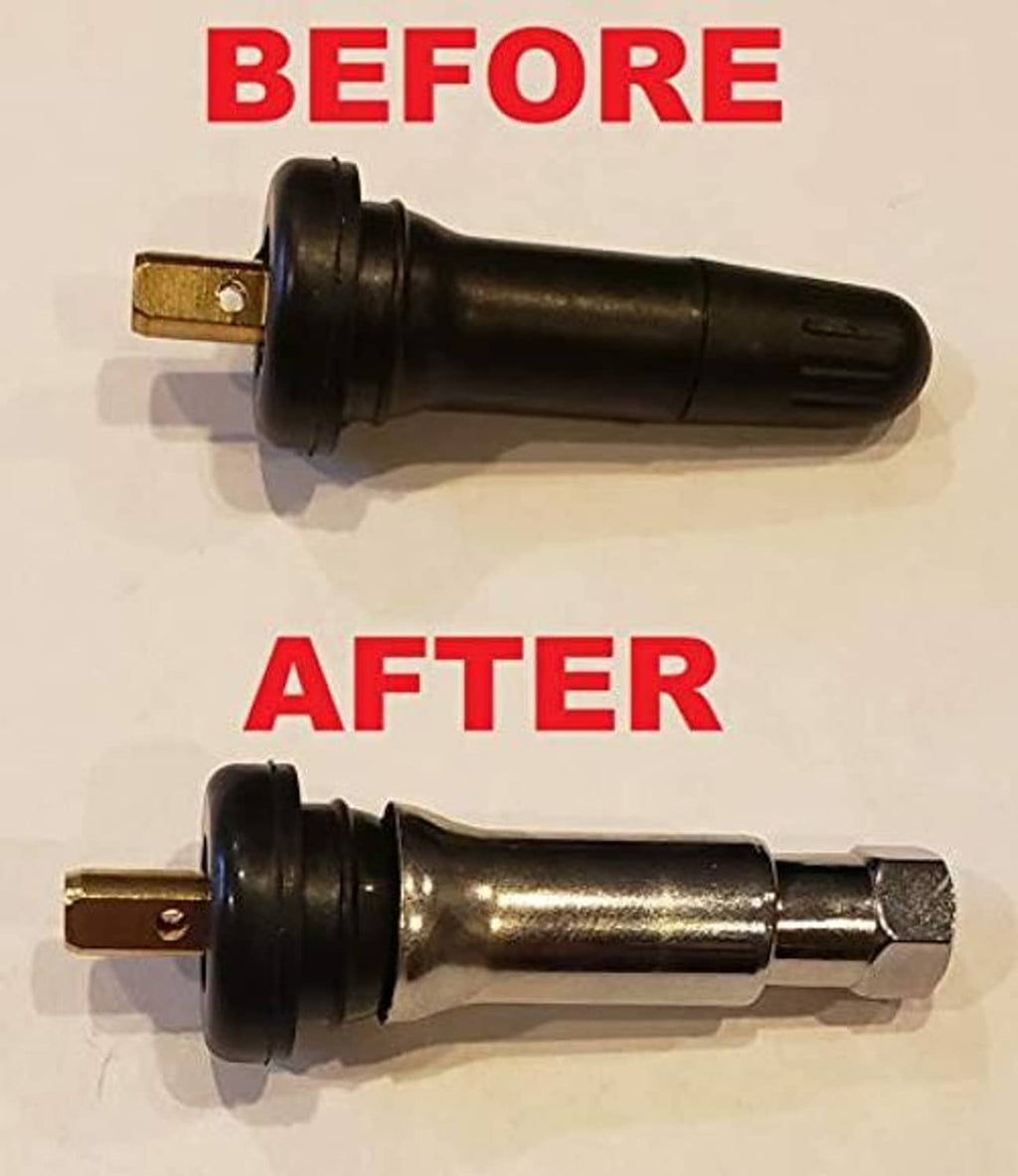 Chrome TPMS valve stem sleeve and cap, shown on a valve with metal base