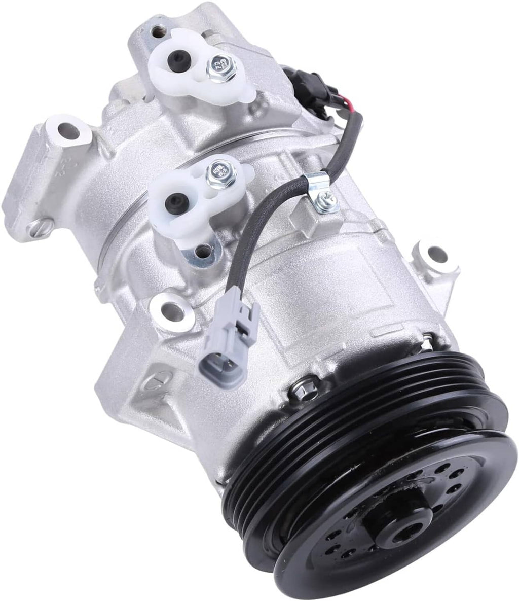 A/C compressor with silver aluminum housing and black drive pulley, electrical connector ports