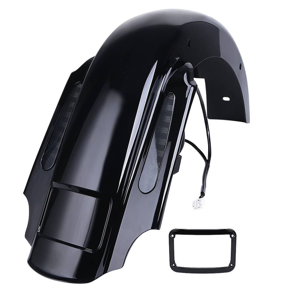 Black extended rear fender kit with LED modules, wiring, and mounting bracket
