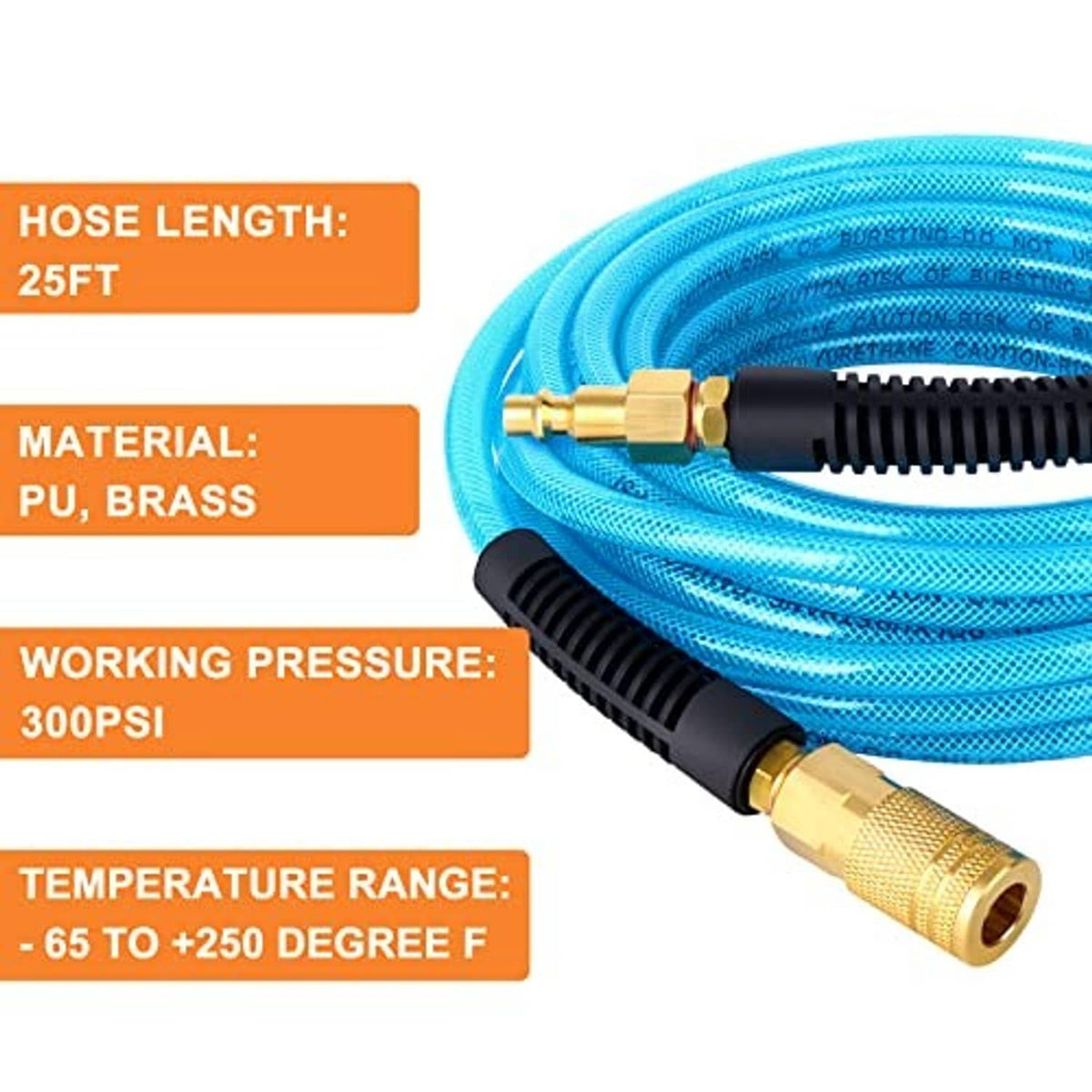 25 ft blue reinforced PU hose with brass ends and black ribbed connector