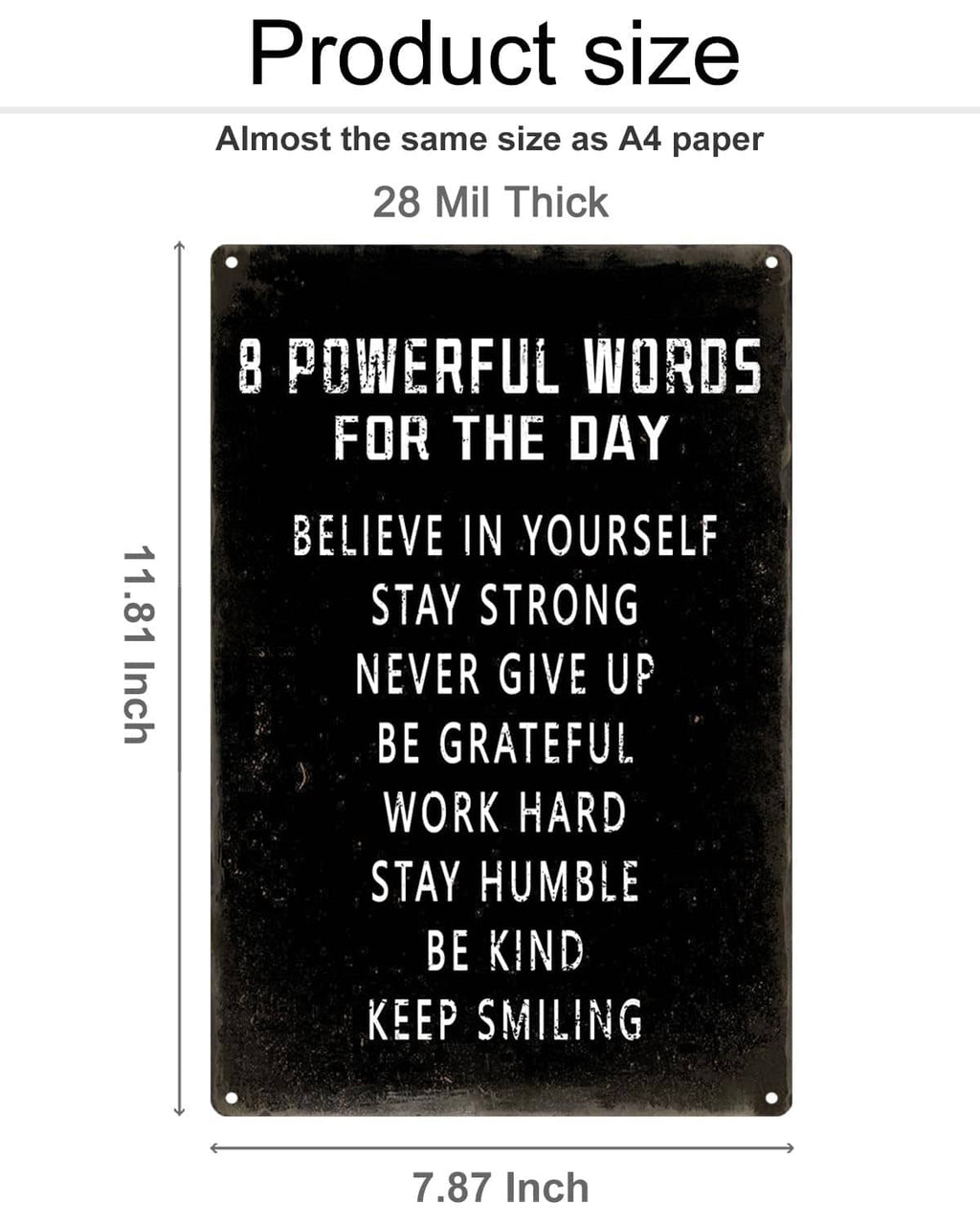 Wall sign size graphic: 7.87 x 8.11 in black panel with 8 motivational words