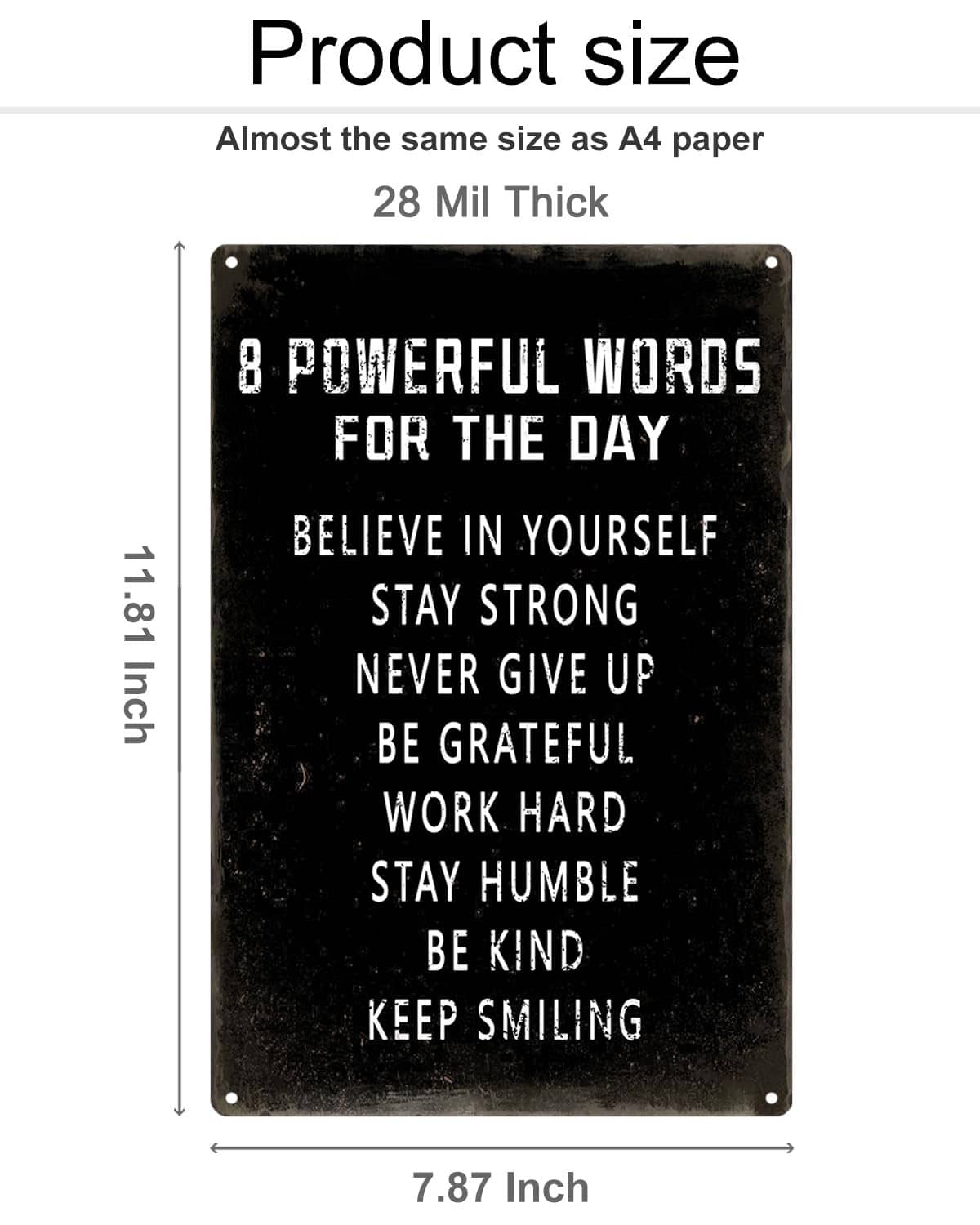 Wall sign size graphic: 7.87 x 8.11 in black panel with 8 motivational words