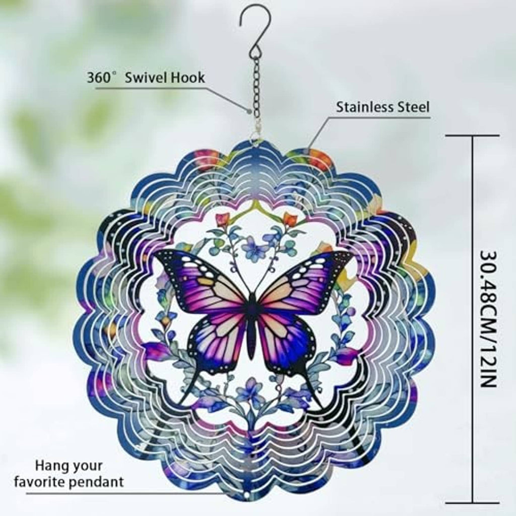 Butterfly wind spinner with hanging chain, stainless hook, and layered rainbow metal circles