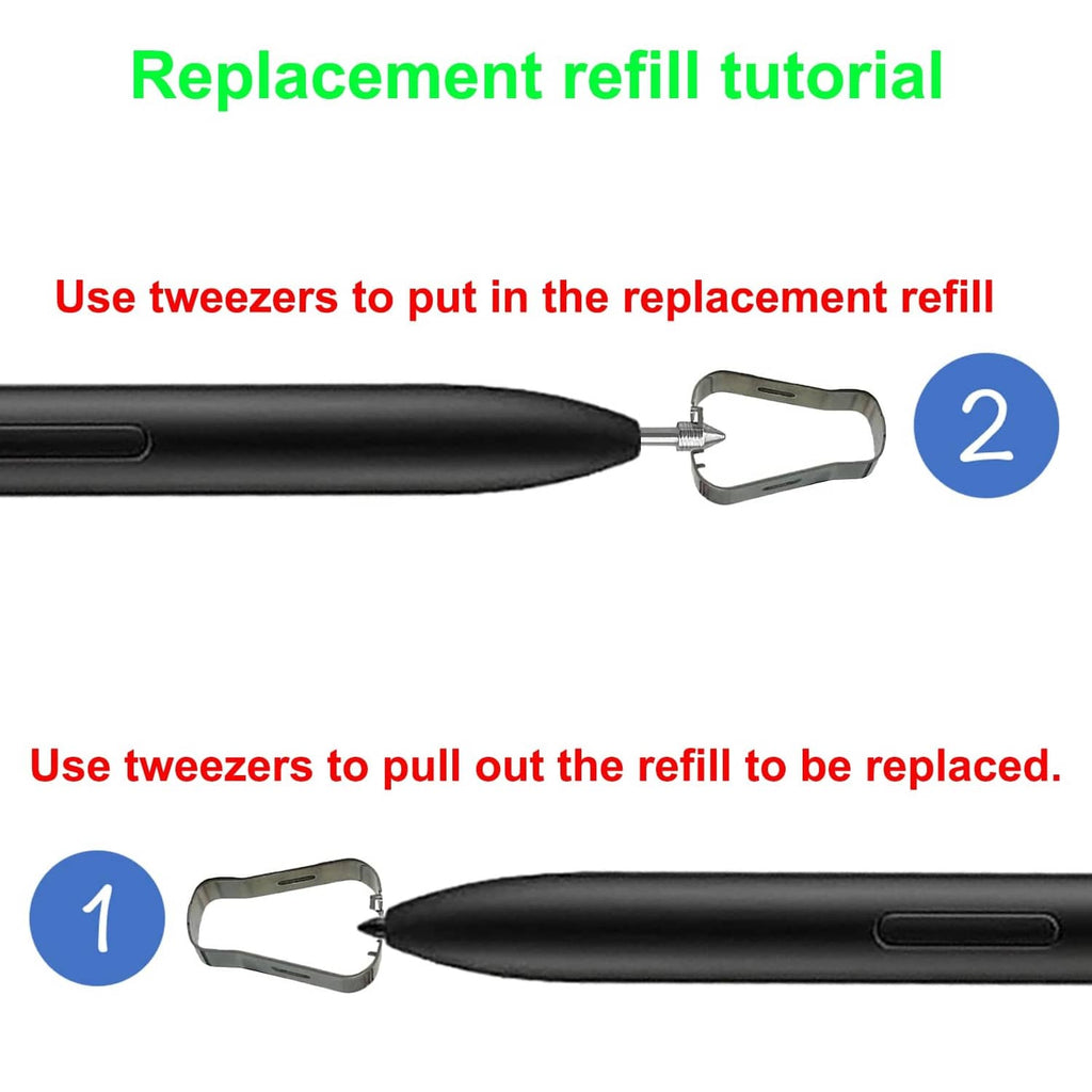 Black stylus refill tutorial showing metal tweezers and replacement nib tips
