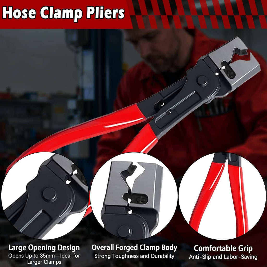 Hose clamp pliers with red handles and metal jaws for gripping and releasing clamps