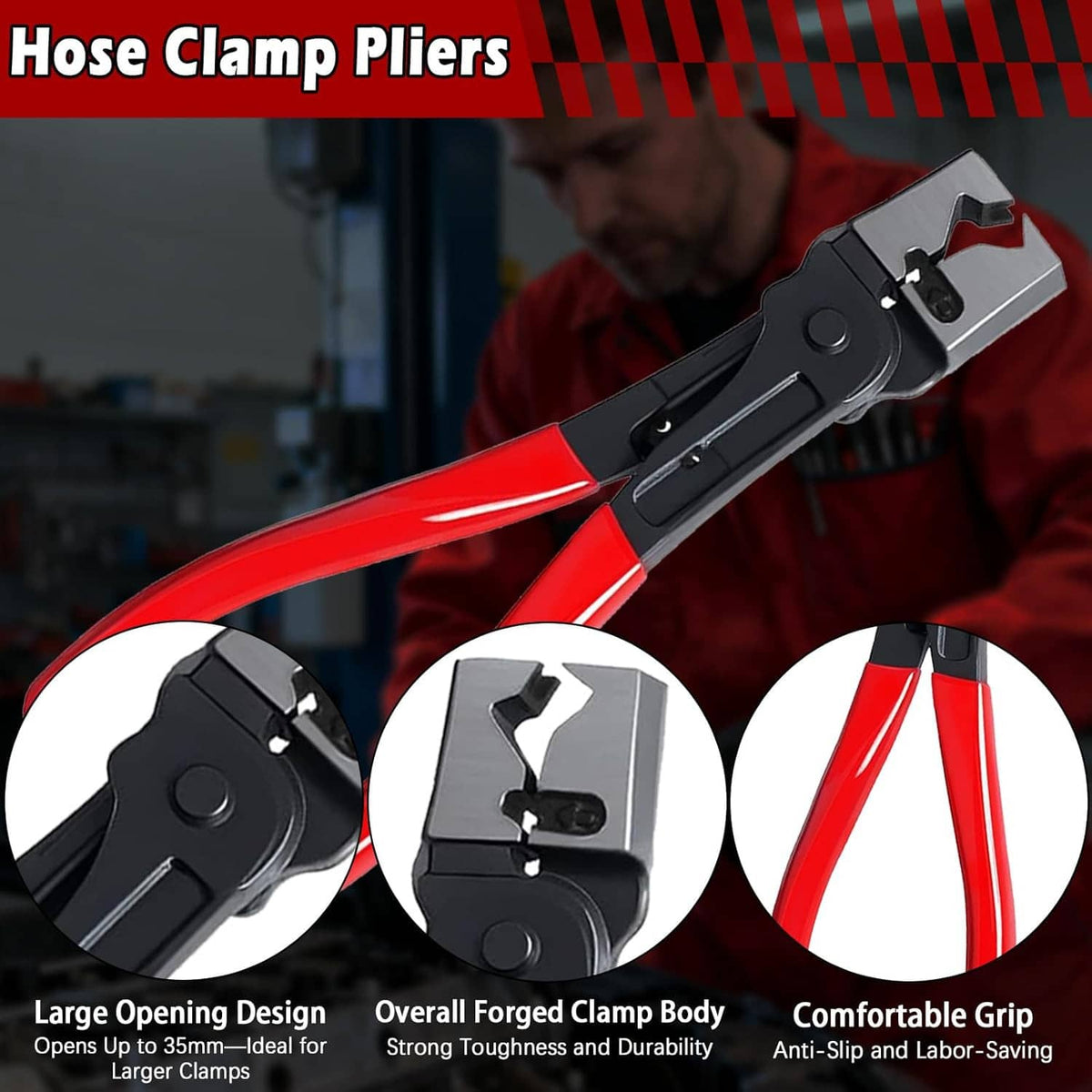 Hose clamp pliers with red handles and metal jaws for gripping and releasing clamps