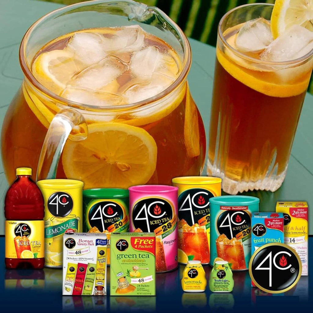Assorted 4C iced tea drinks with lemon slices and powder mix packets