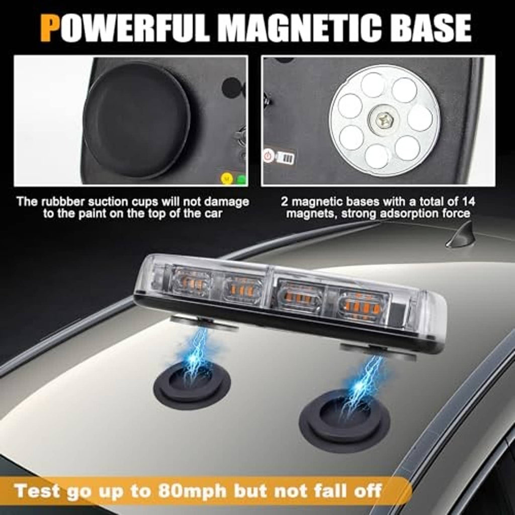 Amber strobe light with magnetic base and suction cup feet for mounting
