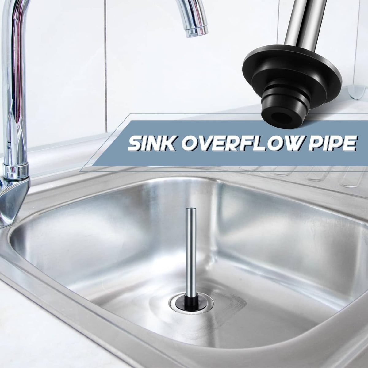 Installed sink overflow pipe assembly with silver tube and black rim fitting