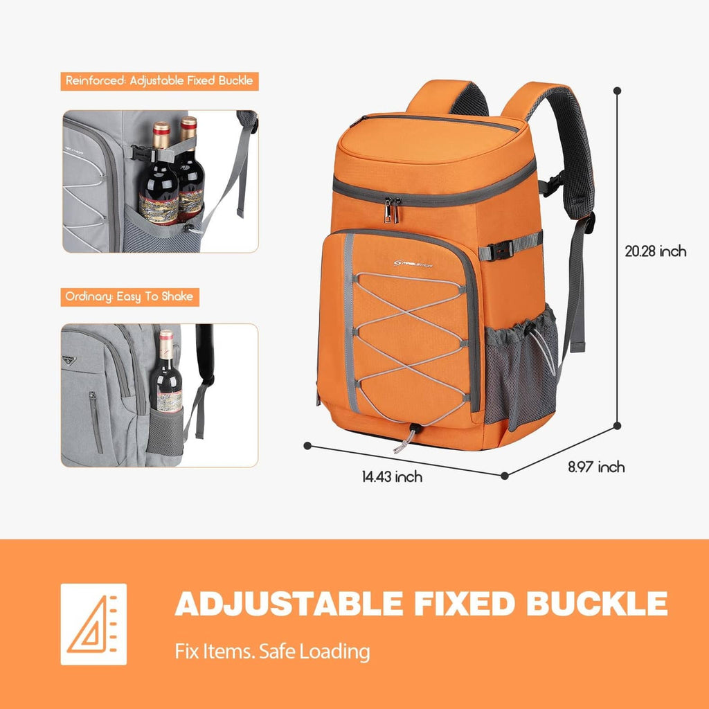 Orange insulated cooler backpack with front zip panel and adjustable fixed buckle straps