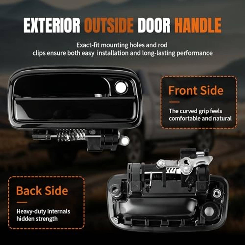 Black exterior door handle with front cover and rear mounting mechanism shown.