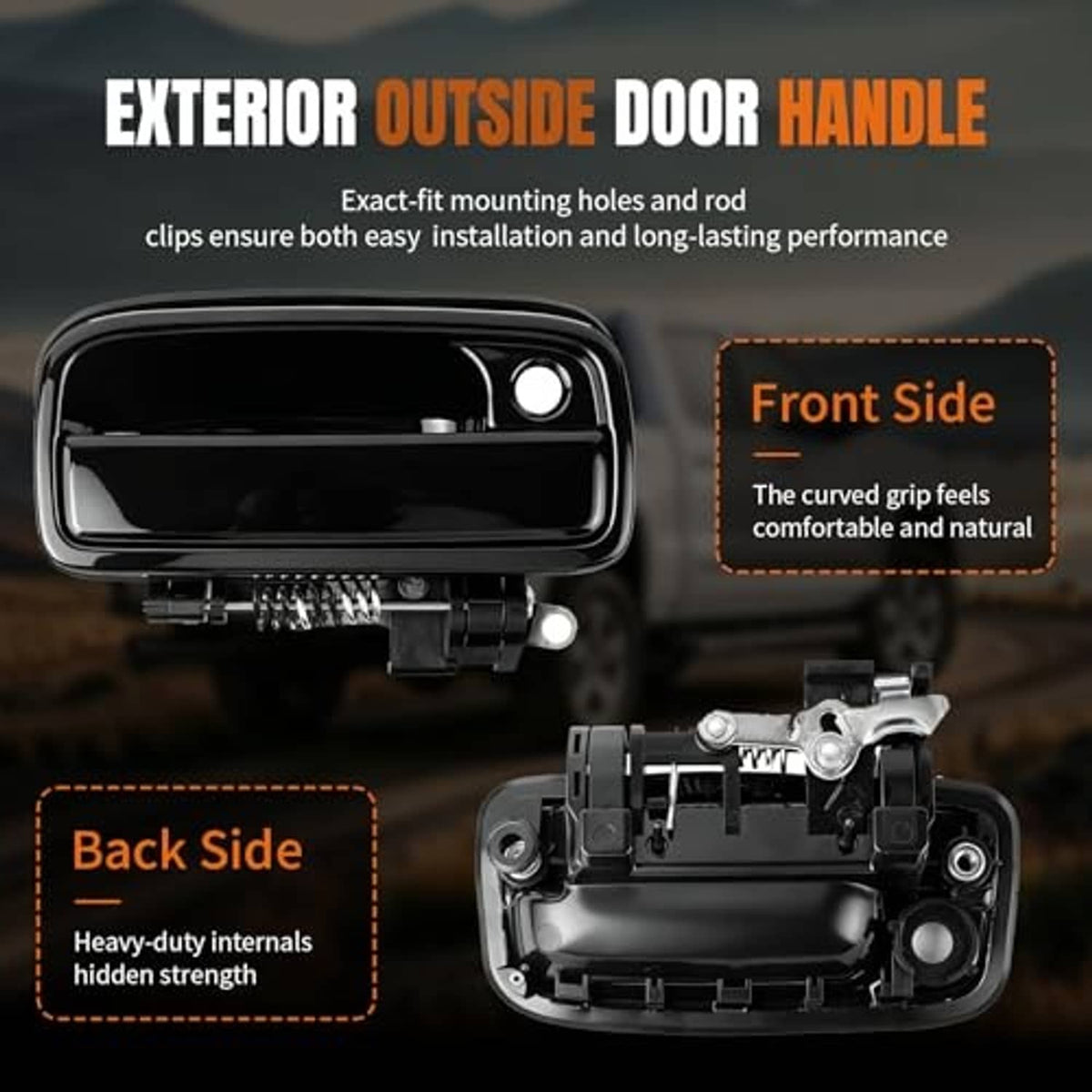 Black exterior door handle with front cover and rear mounting mechanism shown.