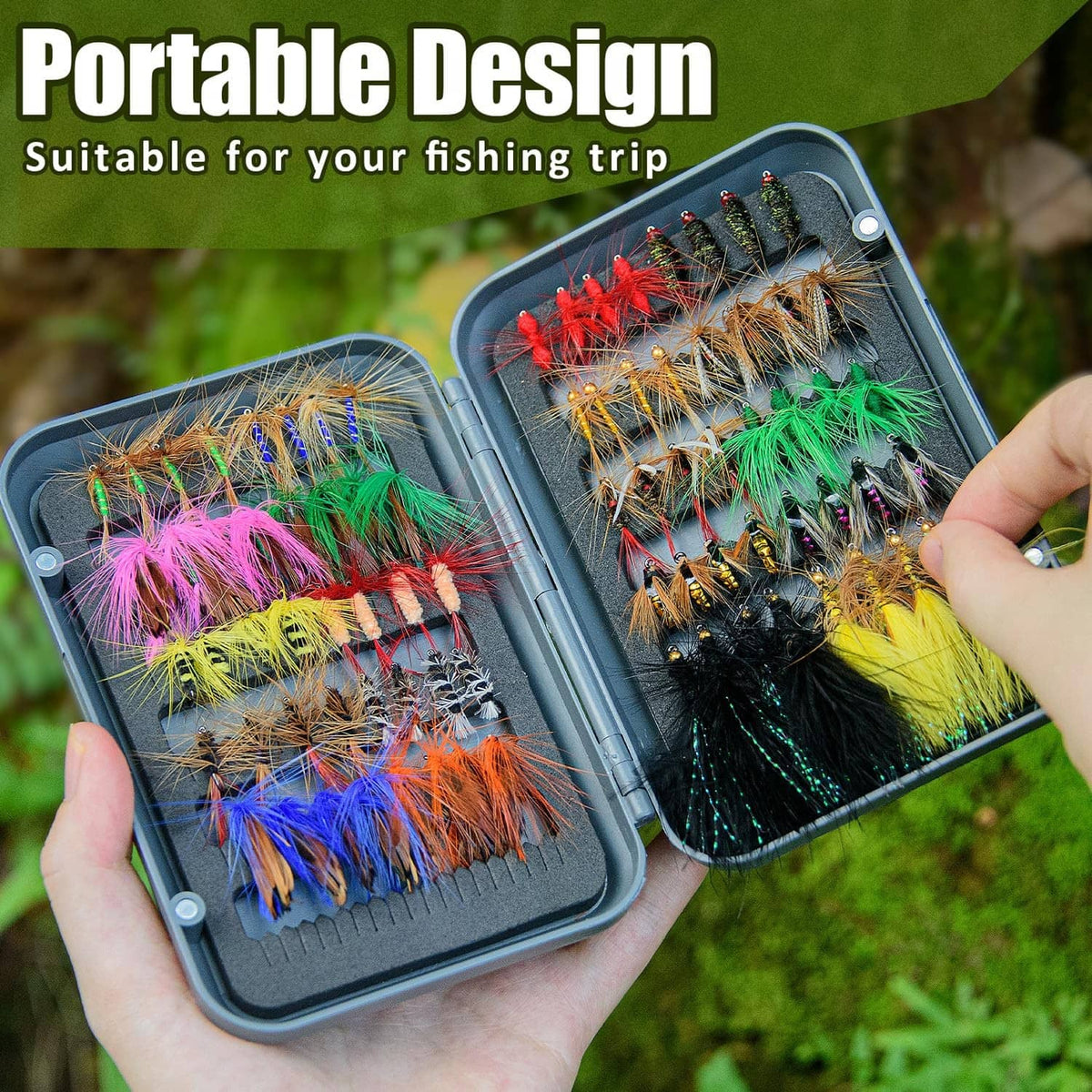 Two open magnetic fly boxes holding assorted colorful fishing lures