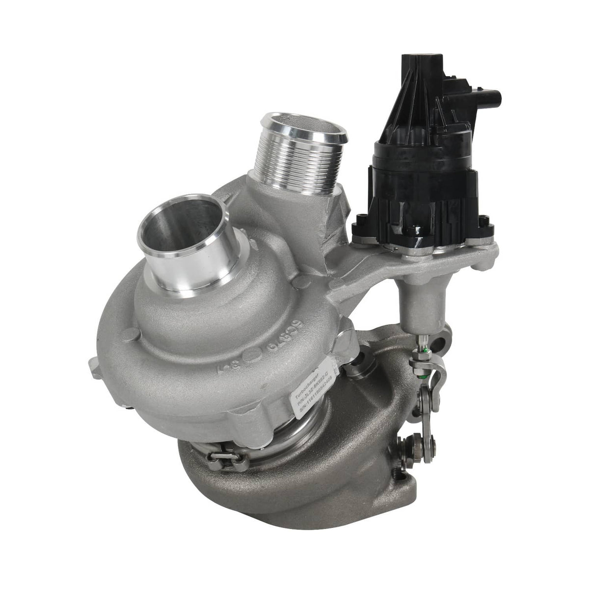 Driver-side turbocharger assembly with silver compressor housing and black module