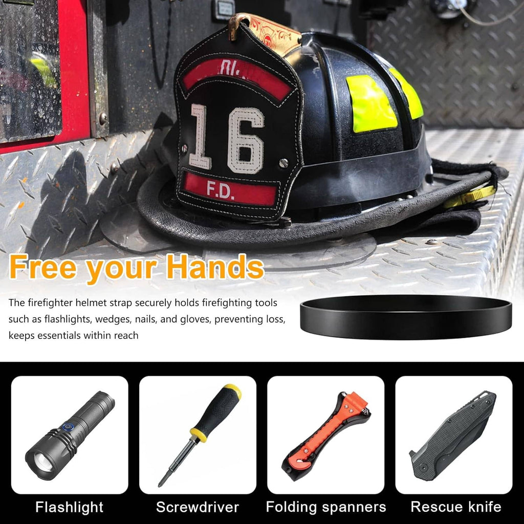 Heavy-duty rubber helmet strap band in black, shown on a firefighter helmet