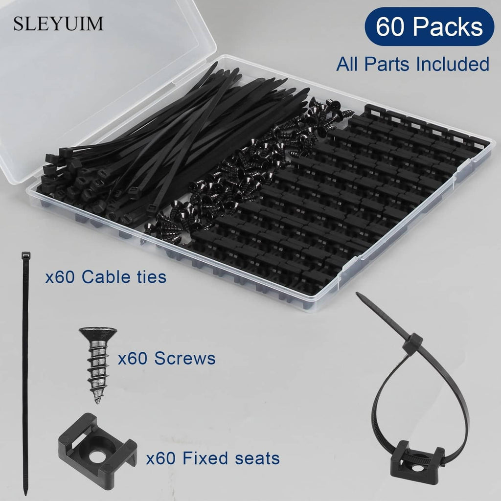 SLEYUIM cable zip tie mounts kit: 60 cable ties, 60 screws, 60 fixed seats