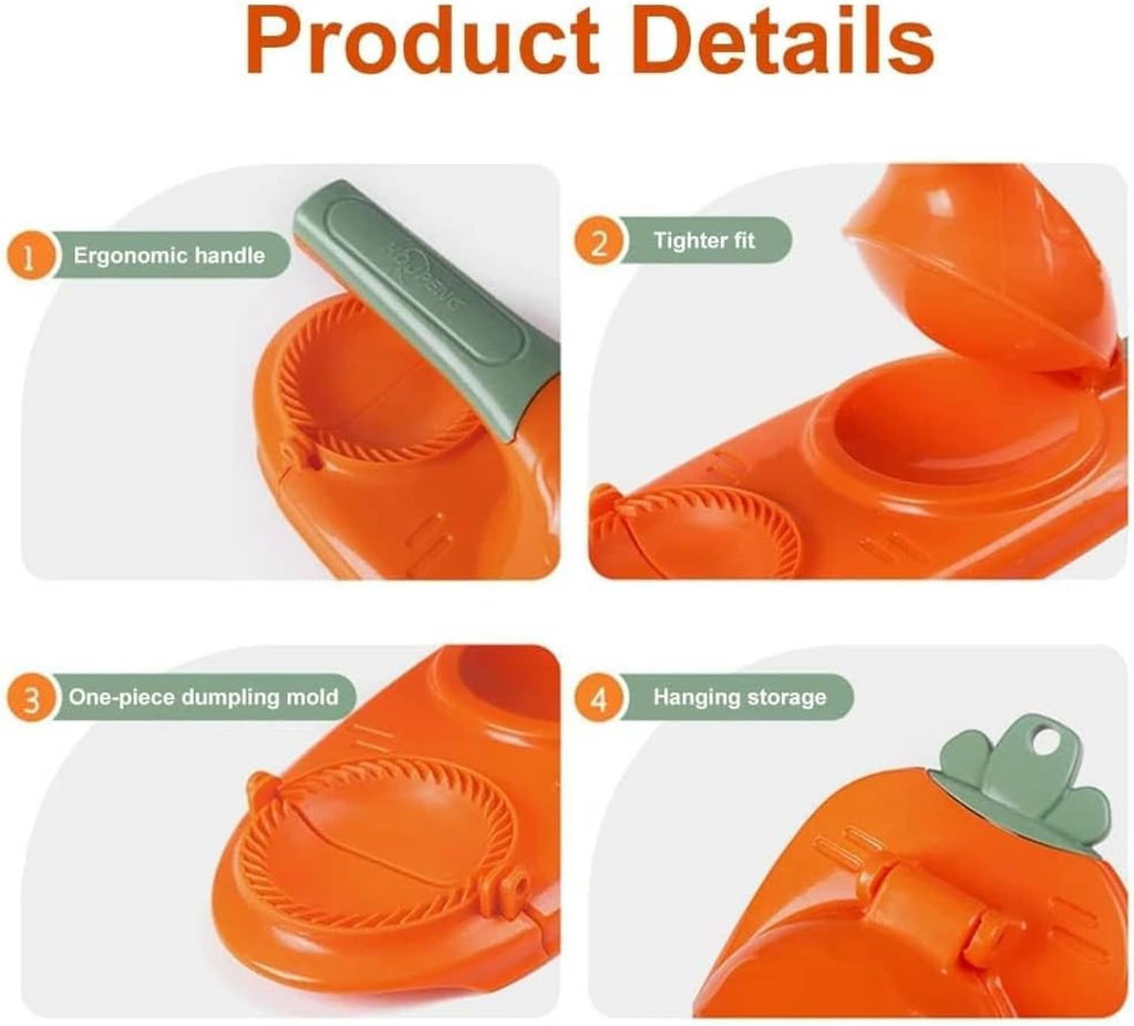 Orange and green dumpling press mold shown with ergonomic handle and mold details