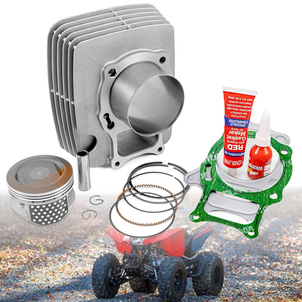 Cylinder top end kit with silver cylinder, piston, piston rings, and green gasket set