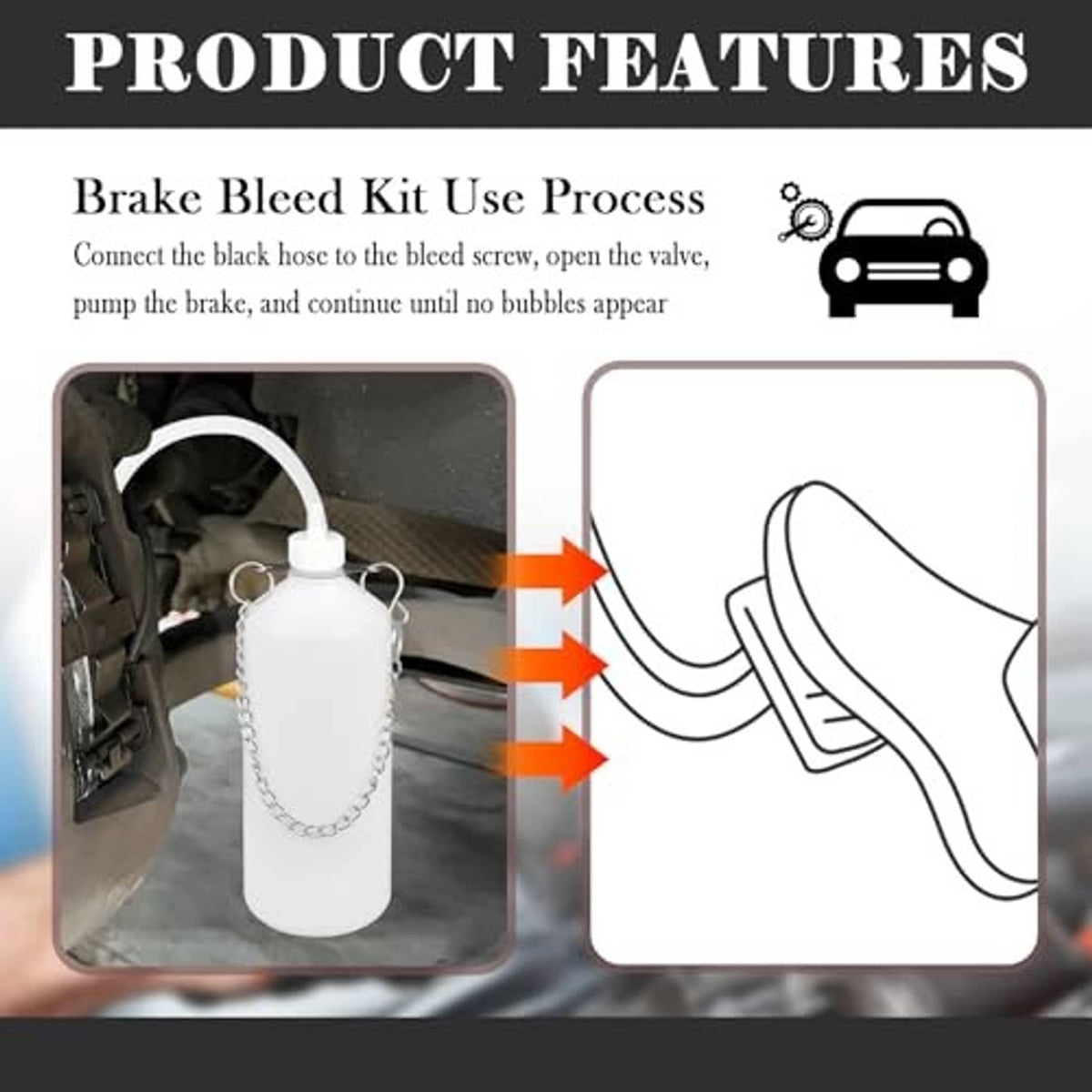 Brake bleeder kit use steps diagram: connect hose, open valve, pump until no bubbles.