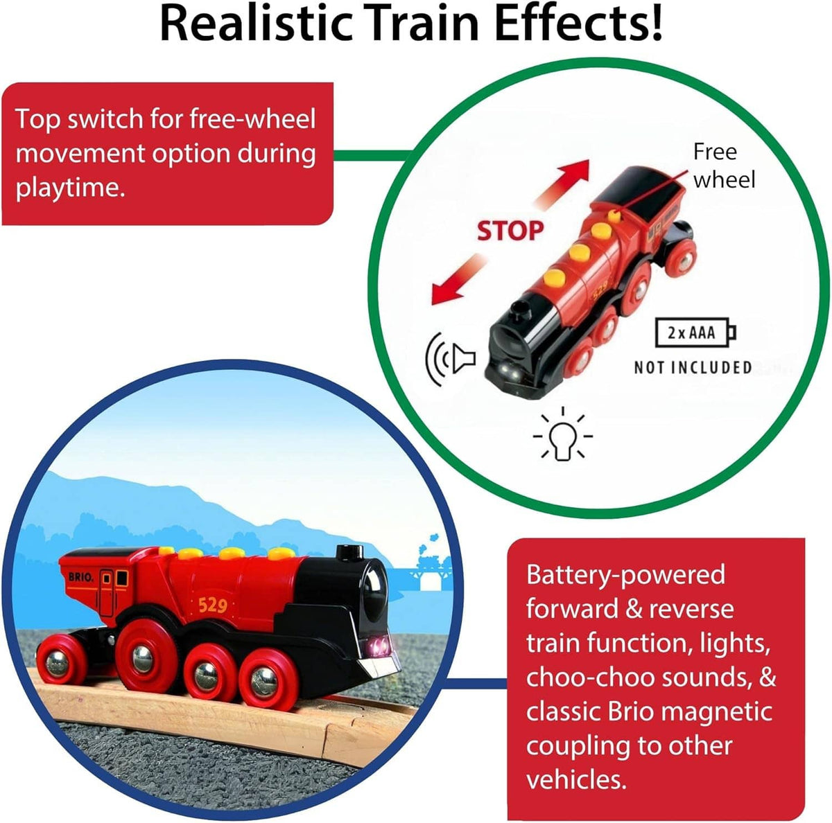 Red battery-powered toy locomotive with yellow lights, shown with stop switch graphic