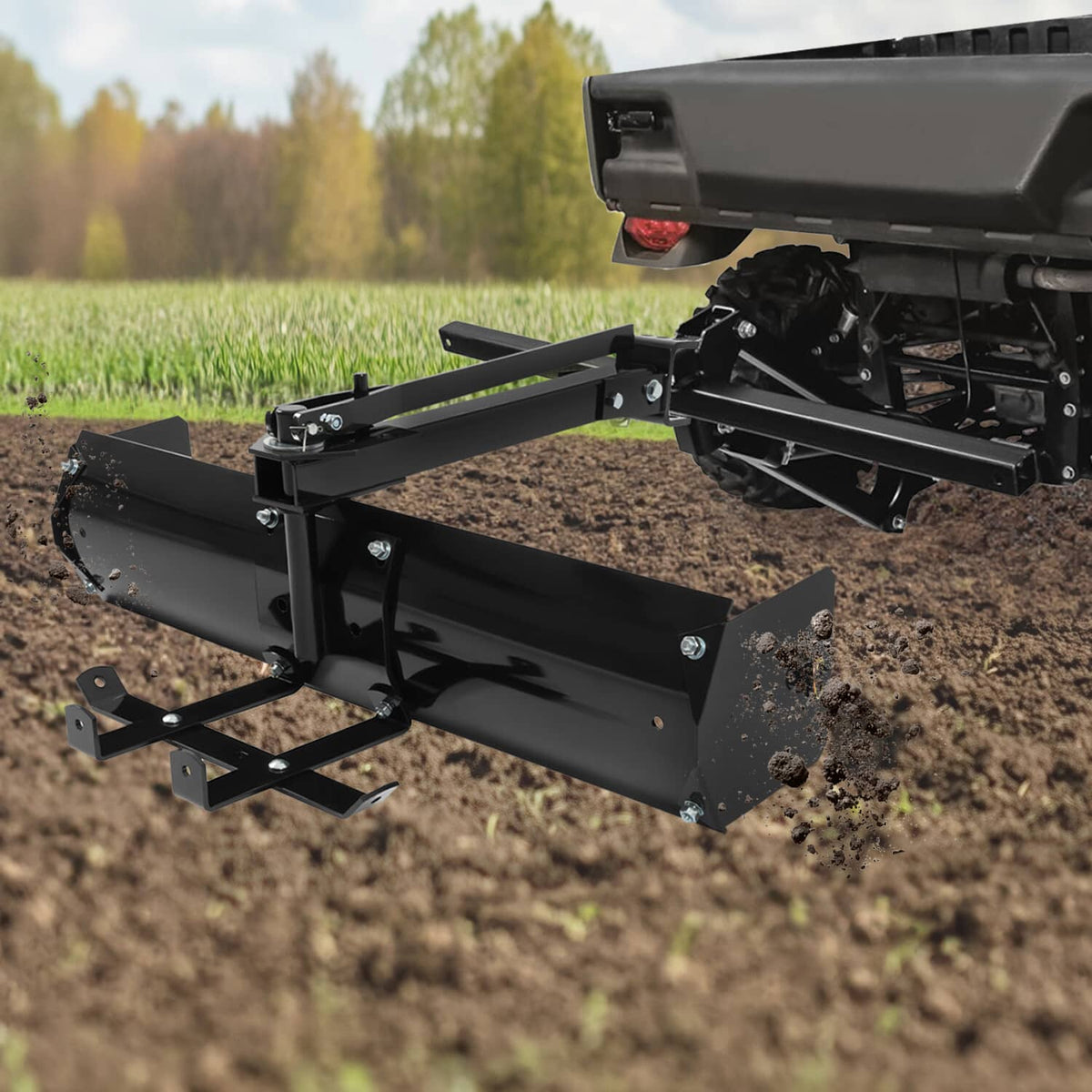 Tow-behind box scraper blade with adjustable mounting, black steel housing