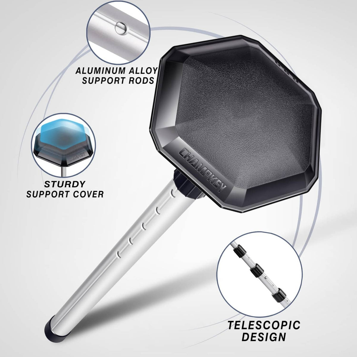 Golf travel bag support rod with telescopic silver sections and black support head