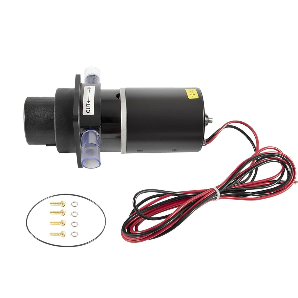 Electric toilet macerator pump motor with red/black wires and clear discharge tube